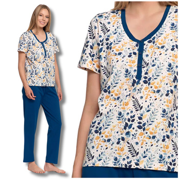 PIŻAMA DAMSKA W KWIATKI DWUCZĘŚCIOWA KRÓTKI RĘKAW DŁUGIE SPODNIE MORAJ