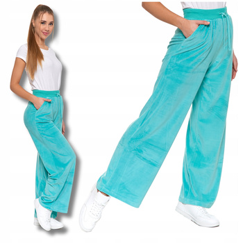 WELUROWE SPODNIE DAMSKIE Z SZEROKĄ NOGAWKĄ WYSOKI STAN KIESZENIE MORAJ 