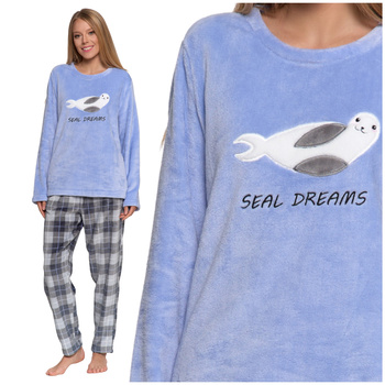 CIEPŁA PIŻAMA DAMSKA GRUBA DWUCZĘŚCIOWA PLUSZOWA UROCZA FOKA MORAJ