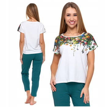 Piżama Damska Dwuczęściowa T-Shirt z Kwiatami Długie Spodnie MORAJ 