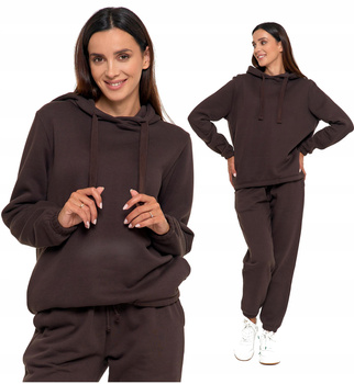 BLUZA DRESOWA DAMSKA Z KAPTUREM BAWEŁNIANA BRĄZOWA MORAJ