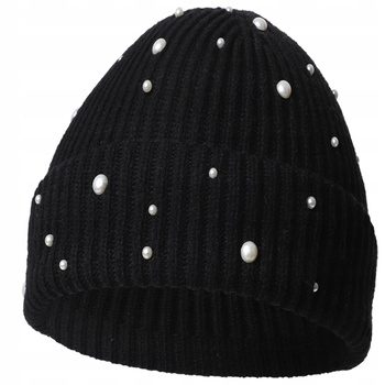 Elegancka CZAPKA DAMSKA Czarna z Perełkami Modna Stylowa Prążkowana MORAJ