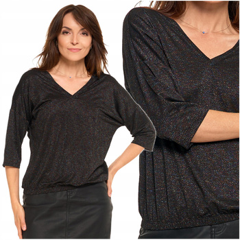 Błyszcząca Bluzka Damska Elegancka Rękaw 3/4 Modna Luźna Koszulka MORAJ 