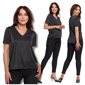 ELEGANCKA BLUZKA DAMSKA BŁYSZCZĄCA KRÓTKI RĘKAW LUŹNA KOSZULKA MORAJ