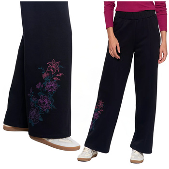 SPODNIE DAMSKIE DRESOWE OCIEPLANE Z SZEROKĄ NOGAWKĄ I HAFTEM MORAJ