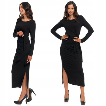 Elegancka SUKIENKA DAMSKA Czarna Midi Klasyczna z Rozcięciem MORAJ