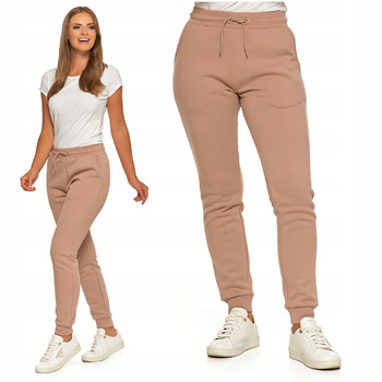 Dresowe Spodnie Damskie Ocieplane Joggery Gładkie Beżowe Klasyczne MORAJ 