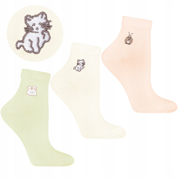 Urocze Skarpetki Damskie MORAJ Pastelowe Skarpety z Kotem HAFT 3-pary 