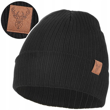 Czapka Damska Zimowa Beanie na chłodne dni w Prążek naszywka jelenia MORAJ