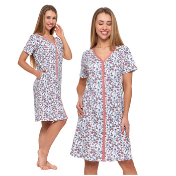 Koszula Nocna Damska Piżama w Kwiatki Krótki Rękaw Rozpinana MORAJ 