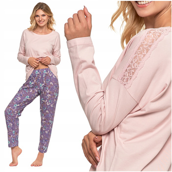 Piżama Damska Delikatna Koronka Długi Rękaw Spodnie w Kwiaty MORAJ 