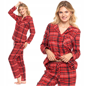 PIŻAMA DAMSKA Dwuczęściowa w Kratę Flanelowa Złote Przeszycia Modna MORAJ 