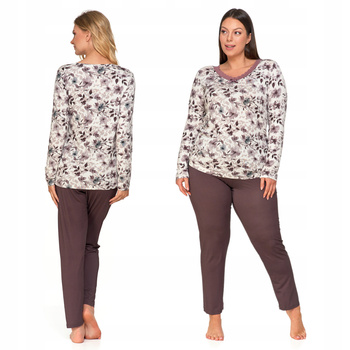 Piżama Damska Delikatna Koronka Kwiaty Wiskoza Długi Rękaw Spodnie MORAJ 