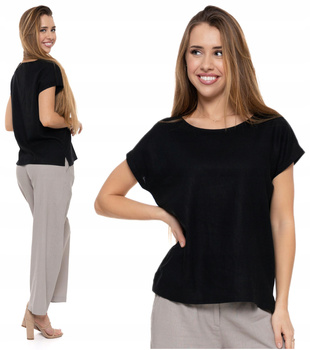 LUŹNA BLUZKA Damska Lniana Czarna Koszulka T-Shirt Przewiewna MORAJ 