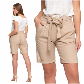 Szorty Lniane KRÓTKIE SPODENKI Damskie Wysoki Stan z Wiązaniem MORAJ 