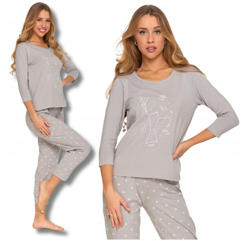 PIŻAMA DAMSKA Bawełniana Rękaw 3/4 Długie Spodnie Wygodna Szara MORAJ 