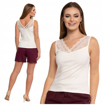 Biały TOP DAMSKI Koronkowy Dekolt Bluzka na Ramiączkach Prążkowany MORAJ 