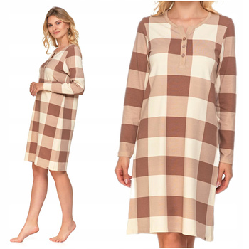 Koszula Damska Nocna Piżama w Kratę Modna Długi Rękaw Bawełna MORAJ 