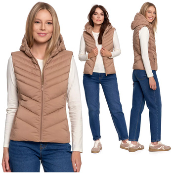 KAMIZELKA DAMSKA KRÓTKA PIKOWANA Z KAPTUREM BEZRĘKAWNIK NA JESIEŃ MORAJ