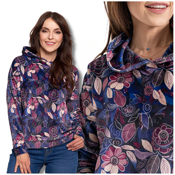 WELUROWA BLUZA DAMSKA MORAJ W KWIATKI PRZEZ GŁOWĘ Z KAPTUREM WYGODNA