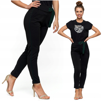 SPODNIE DAMSKIE z Ozdobnym Zielonym Paskiem Czarne Modne MORAJ