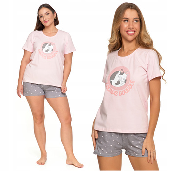 Piżama Damska Urocza z Kotkiem Dwuczęściowa Krótki Rękaw Szorty MORAJ 