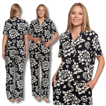 ELEGANCKA PIŻAMA DAMSKA DWUCZĘŚCIOWA KOSZULA SPODNIE W KWIATY MORAJ