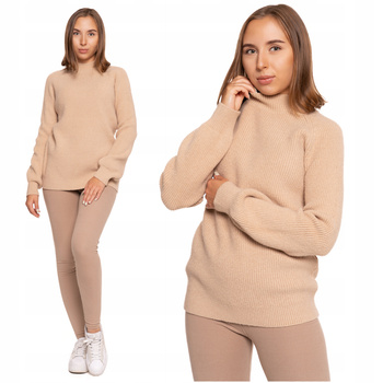 Beżowy SWETER DAMSKI Luźny Miękka Dzianina Modny Kobiecy Pół Golf MORAJ 