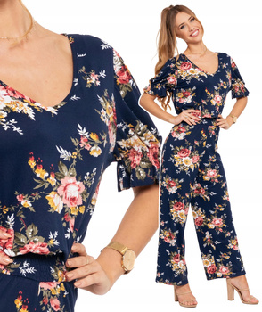 KOMBINEZON DAMSKI Letni Długie Szerokie Spodnie Wygodny w Kwiaty MORAJ 