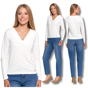 BLUZKA DAMSKA OZDOBNY DEKOLT KOSZULKA Z DŁUGIM RĘKAWEM PRZEWIEWNA MORAJ