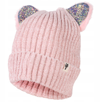 CZAPKA Dziewczęca z Uszkami Kotka Brokatowe Ciepła na Zimę Różowa MORAJ