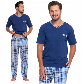 Męska PIŻAMA MORAJ Krótki Rękaw Długie Spodnie w Kratę Bawełniana