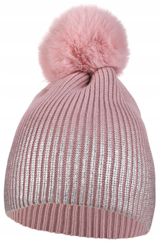 Czapka Damska Zimowa z Pomponem Ciepła Srebrno Różowa Na Chłodne Dni MORAJ