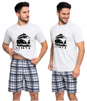 Piżama Męska Krótki Rękaw Szorty w Kratę Luźne Nadruk Bus Wygodna MORAJ 