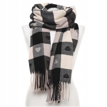 Szal Ciepły z Frędzlami w Kratę z Serduszkami Elegancki Modny MORAJ
