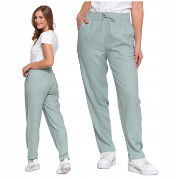 Spodnie Lniane Damskie Eleganckie Gumka w Pasie Prosta Nogawka MORAJ