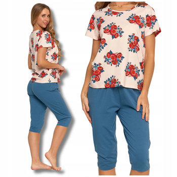PIŻAMA DAMSKA DWUCZĘŚCIOWA MORAJ KRÓTKI RĘKAW KWIATY SPODNIE 3/4 GŁADKIE 