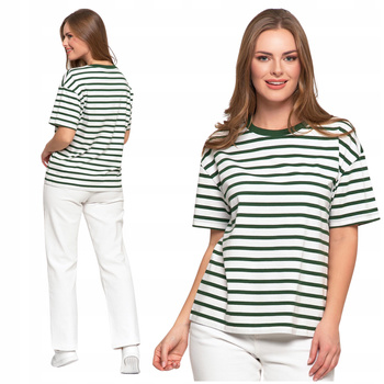 T-SHIRT DAMSKI z Krótkim Rękawem Luźna Koszulka Bluzka w Paski MORAJ 