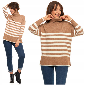 SWETER DAMSKI w Paski Golf Luźny Wygodny Beżowy Stylowy na Jesień MORAJ 
