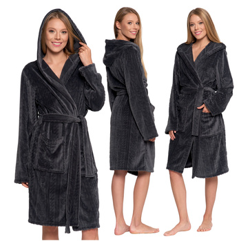 CIEPŁY SZLAFROK DAMSKI NA PREZENT WIĄZANY Z KAPTUREM PUSZYSTY MORAJ