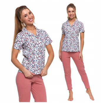 Piżama Damska Dwuczęściowa Koszula z Kwiatami Długie Spodnie MORAJ 