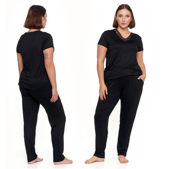 Czarna PIŻAMA DAMSKA z Koronką Długie Spodnie Koszulka Krótki Rękaw MORAJ 