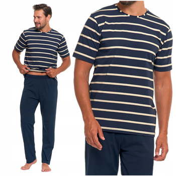 PIŻAMA MĘSKA Bawełniana Krótki Rękaw Długie Spodnie Klasyczna Paski MORAJ 