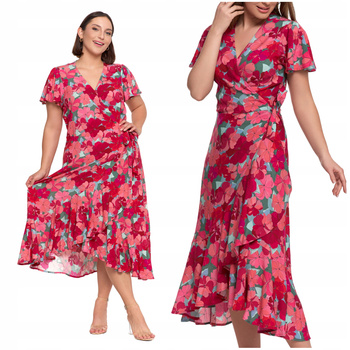 SUKIENKA DAMSKA MIDI Wzorzysta Elegancka Kopertowy Dekolt Kwiaty MORAJ 