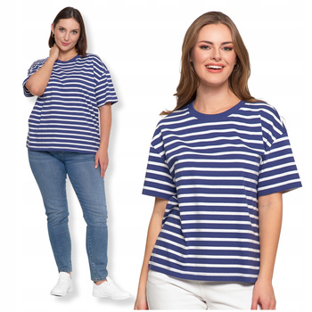 Luźna Koszulka T-SHIRT DAMSKI z Krótkim Rękawem Bluzka w Paski MORAJ 