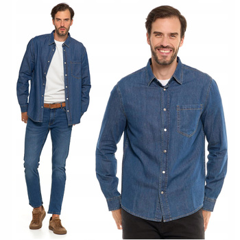 KOSZULA MĘSKA Jeansowa Klasyczna Modna Długi Rękaw Bawełniana MORAJ 