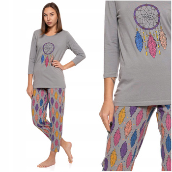 Piżama Damska Rękaw 3/4 Kolorowe Piórka Wygodna Odzież Domowa MORAJ 