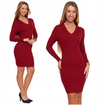 Prążkowana Sukienka Damska Dopasowana Ołówkowa Długi Rękaw Modna MORAJ 