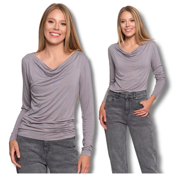 ELEGANCKA BLUZKA DAMSKA Z DEKOLTEM W ŁÓDKĘ MODNA GŁADKA KOSZULKA MORAJ