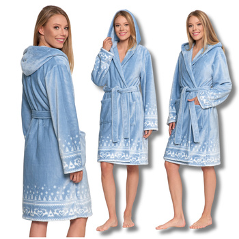 CIEPŁY SZLAFROK DAMSKI NA PREZENT WIĄZANY Z KAPTUREM PUSZYSTY MORAJ